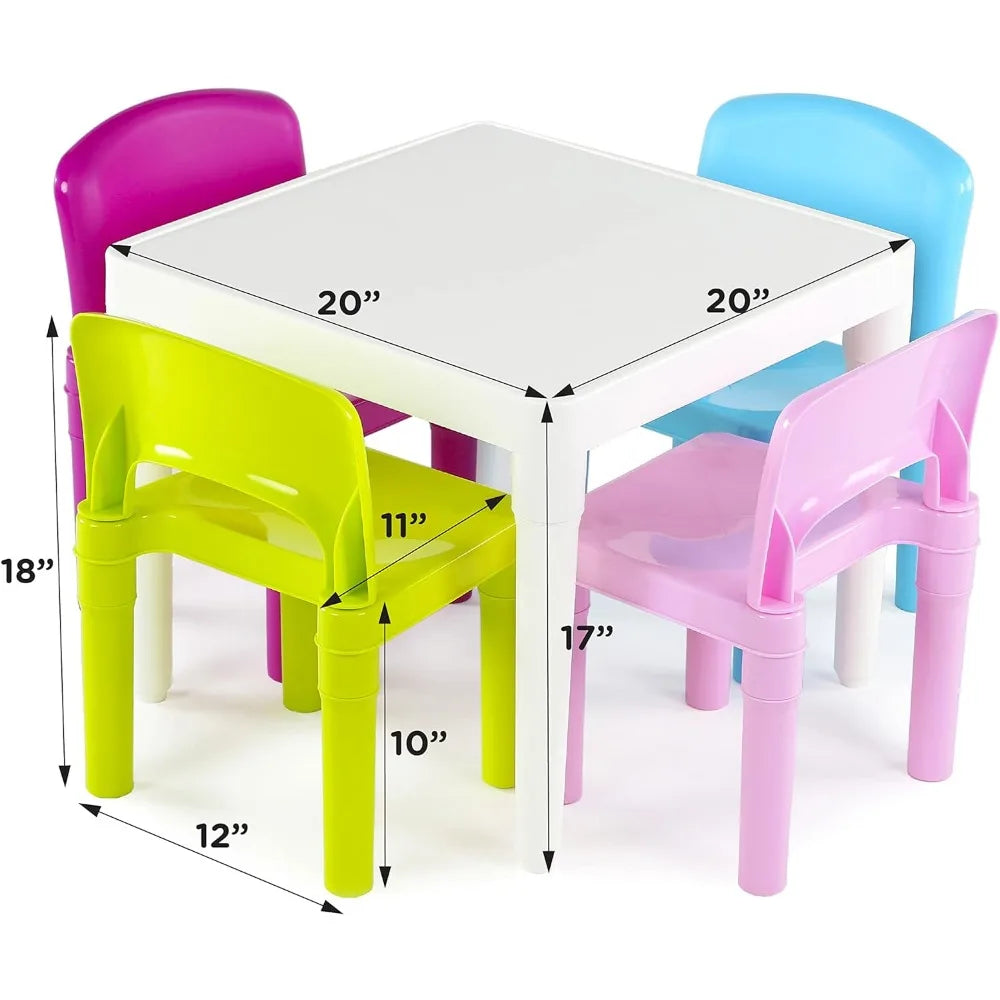 White Table/Pastel Chairs Kids Plastic 4 Set， Children Desk and Chair Set