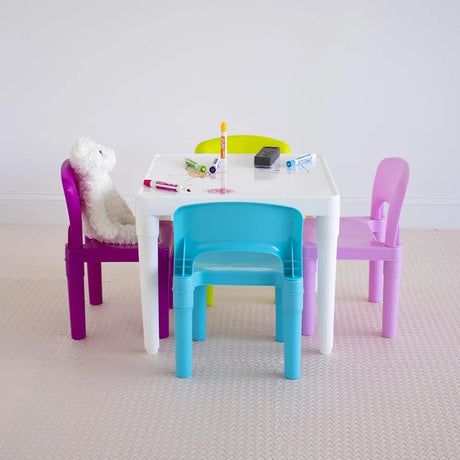 White Table/Pastel Chairs Kids Plastic 4 Set， Children Desk and Chair Set