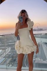 White Women Flower Edge Short Party Dress 2024 New Fashion Slim One Shoulder Rose Pleated Prom Dresses Female Chic Evening Dress