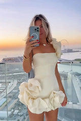 White Women Flower Edge Short Party Dress 2024 New Fashion Slim One Shoulder Rose Pleated Prom Dresses Female Chic Evening Dress