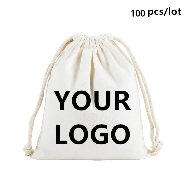 Wholesale 100pcs/lot Custom Logo Printed Natural Cotton Drawstring Pouch Gift Package Bags Personalize Texts Plain Storage Pouch