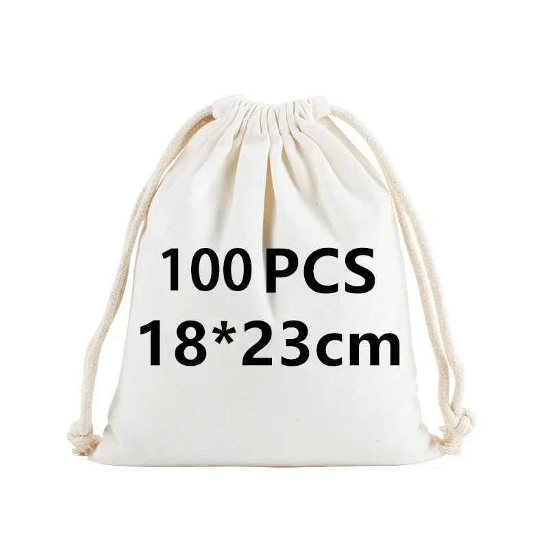 Wholesale 100pcs/lot Custom Logo Printed Natural Cotton Drawstring Pouch Gift Package Bags Personalize Texts Plain Storage Pouch