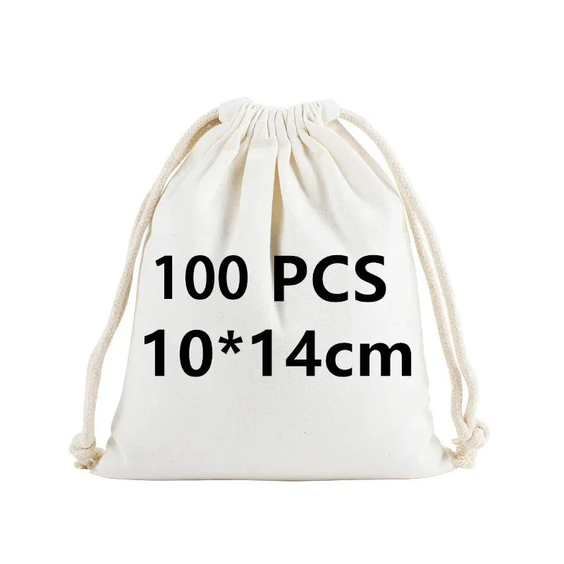 Wholesale 100pcs/lot Custom Logo Printed Natural Cotton Drawstring Pouch Gift Package Bags Personalize Texts Plain Storage Pouch