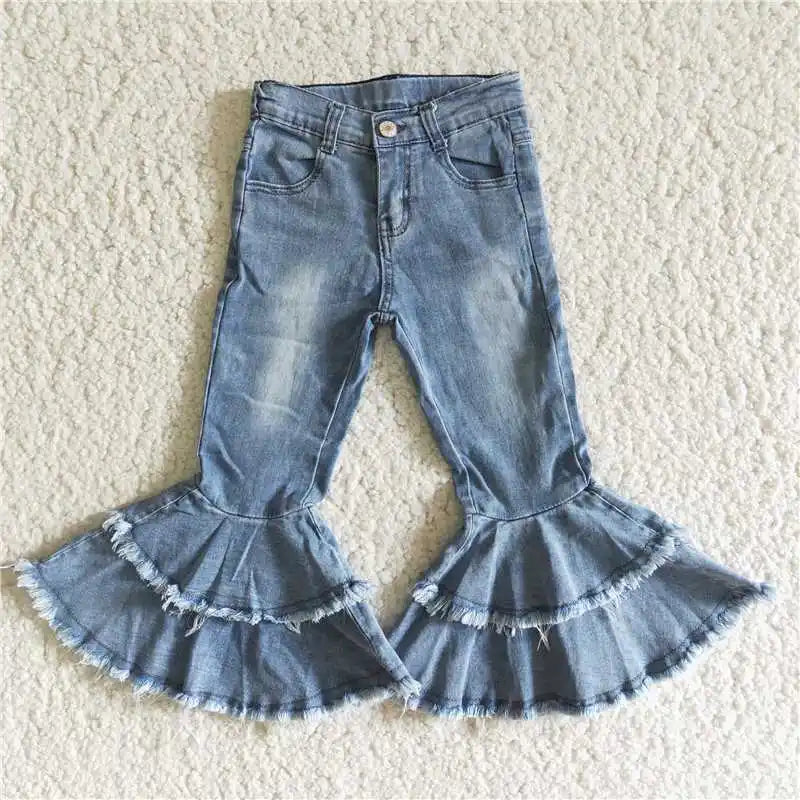 Wholesale Baby Girls Denim Western Brown Cow Print Bell Bottom Kids Children Toddler Flared Pants Double Lace Pocket Jeans