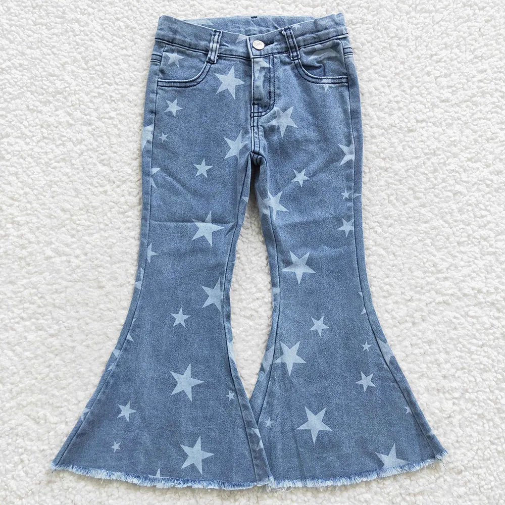 Wholesale Kids Infant Pocket Washed Blue Denim Children Jeans Toddler Zipper Bell Bottom Pants Baby Girl Tassels Trousers