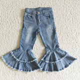 Wholesale Kids Infant Pocket Washed Blue Denim Children Jeans Toddler Zipper Bell Bottom Pants Baby Girl Tassels Trousers