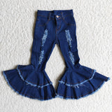 Wholesale Kids Infant Pocket Washed Blue Denim Children Jeans Toddler Zipper Bell Bottom Pants Baby Girl Tassels Trousers