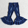 Wholesale Kids Infant Pocket Washed Blue Denim Children Jeans Toddler Zipper Bell Bottom Pants Baby Girl Tassels Trousers