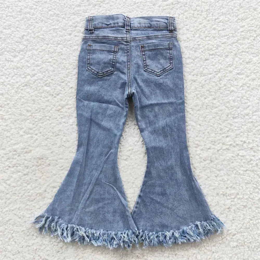 Wholesale Kids Infant Pocket Washed Blue Denim Children Jeans Toddler Zipper Bell Bottom Pants Baby Girl Tassels Trousers