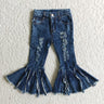 Wholesale Kids Infant Pocket Washed Blue Denim Children Jeans Toddler Zipper Bell Bottom Pants Baby Girl Tassels Trousers