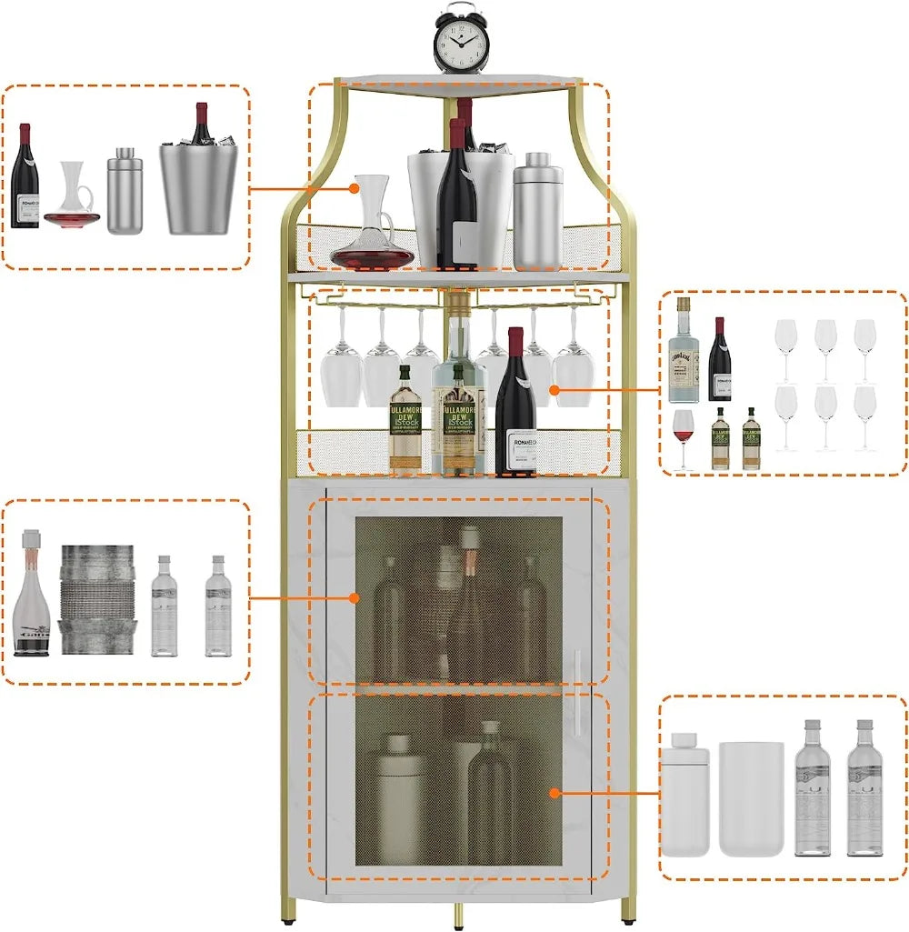 Wine Corner Cabinet with Removable Wine Rack, Cabinet and Wine Glass Bar Cabinet with Glass Rack and Mesh Door,