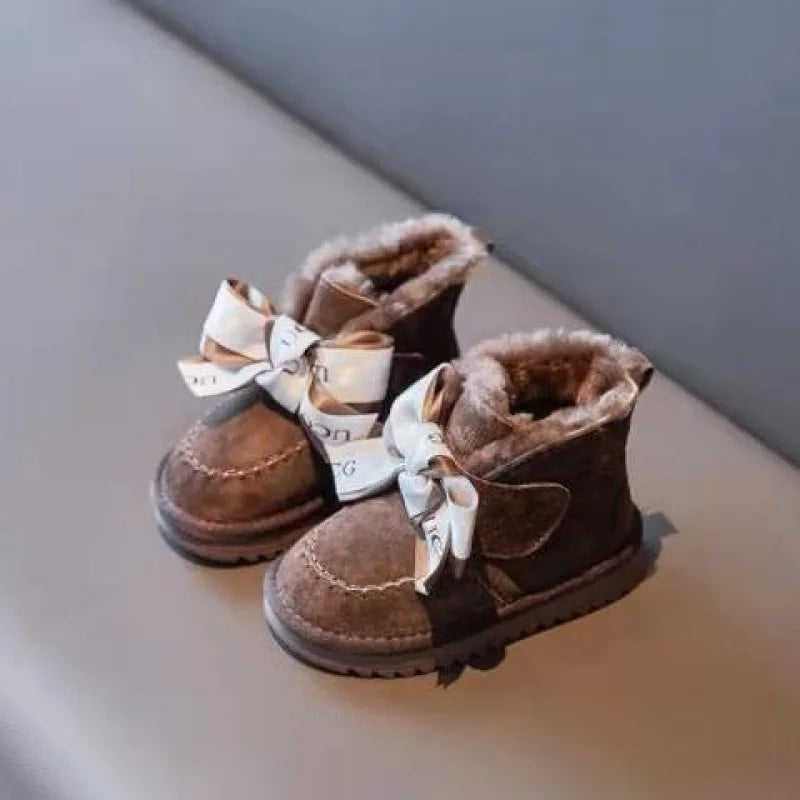 Winter 2022 Girls Snow Boots Plus Velvet Warm Cotton Boots Baby Thickened Bow Princess Short Boots