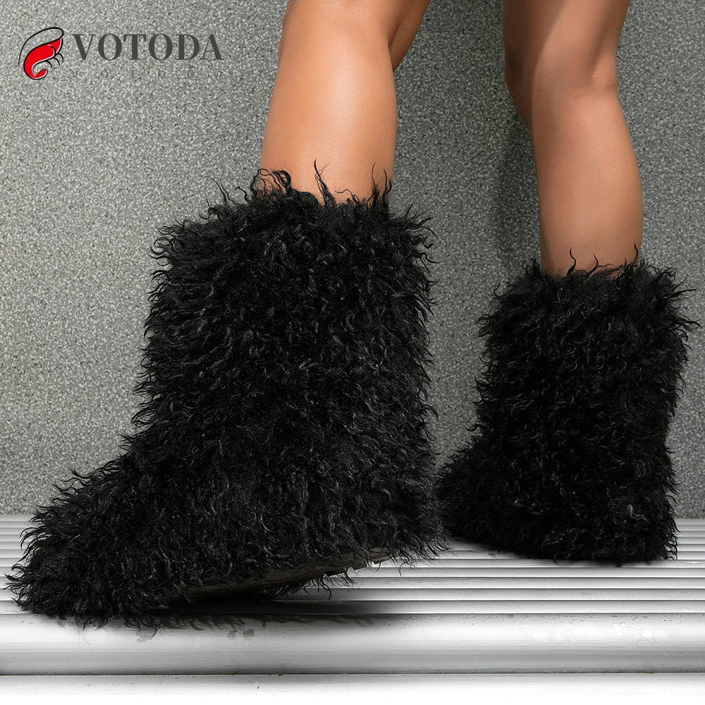 Winter Boots Furry Shoes Women Teddy Fur Snow Boots Fluffy Warm Faux Wool Boots Plush Fashion Boots Ladies Mongolian Fur Boot