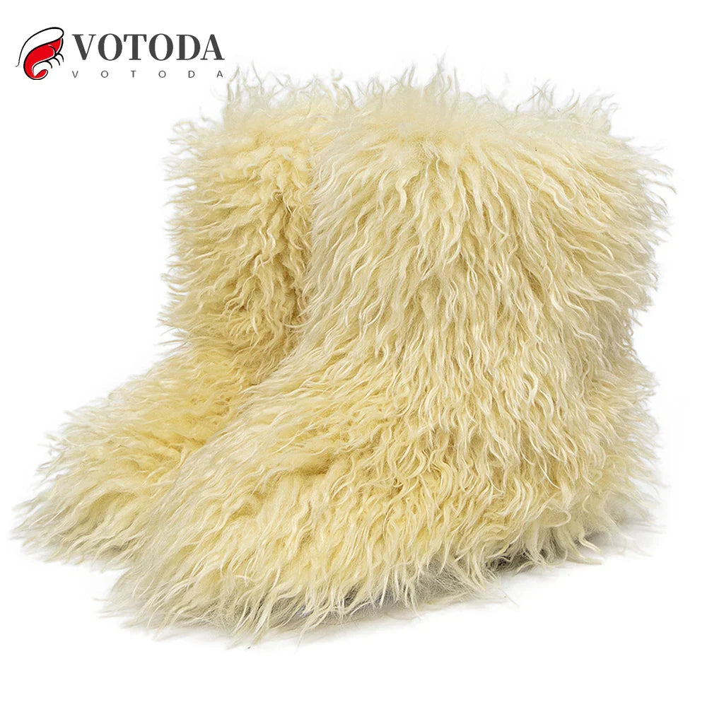 Winter Boots Furry Shoes Women Teddy Fur Snow Boots Fluffy Warm Faux Wool Boots Plush Fashion Boots Ladies Mongolian Fur Boot