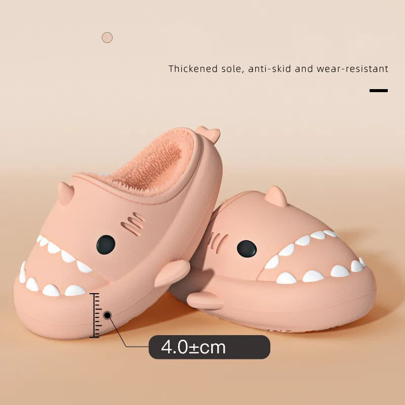 Winter Children‘s Plush Shark Slippers Boys Cotton Flip Flop Girls Warm Non-Slip Thick Sole Shoes Home EVA Waterproof Slides