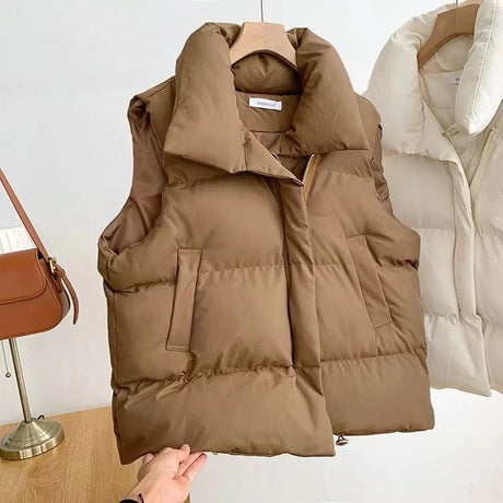 Winter Coat for Women Vests Stand Collar Sleeveless Coat Thicken Warm Down Cotton Vest Korean Fashion Loose Jacket New