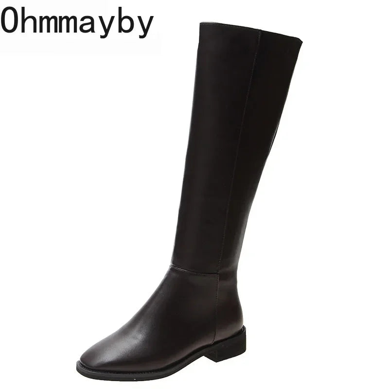 Winter Cotton Women Knee High Boots Fashion Zippers Ladies Elegant Low Heel Long Booties Winter Soft Leather Women's Footwear