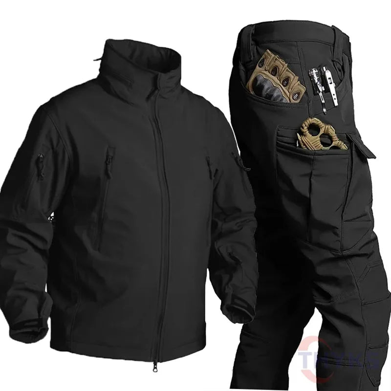 Winter Fleece Tactical Soft Shell Sets Mens Outdoor Waterproof Multi-Pockets Shark Skin Jackets Cargo Pants Military Suits Male