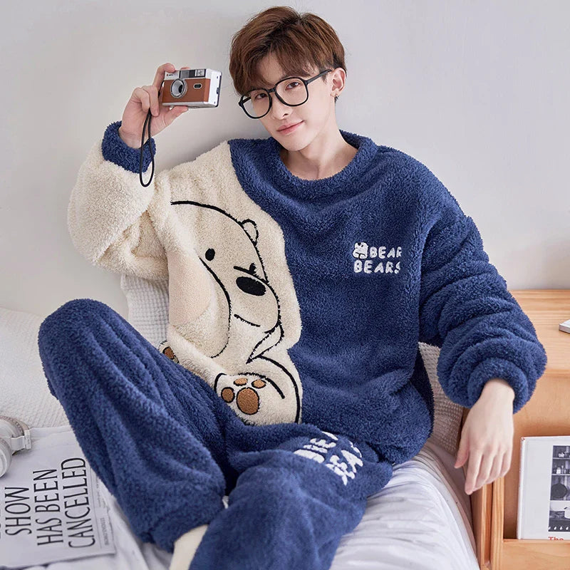 Winter Korean Men Pajamas Sets Adult Sleepwear Home Clothes Thicken Soft Pijama Suit Loungewear Loose Bear Male Pyjama Clothing