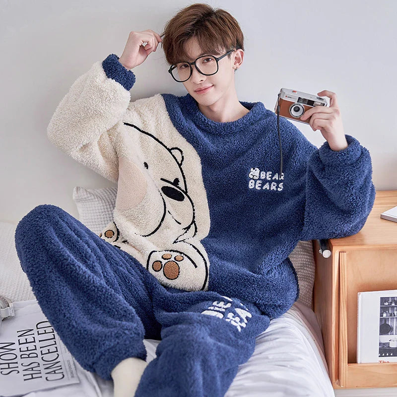 Winter Korean Men Pajamas Sets Adult Sleepwear Home Clothes Thicken Soft Pijama Suit Loungewear Loose Bear Male Pyjama Clothing