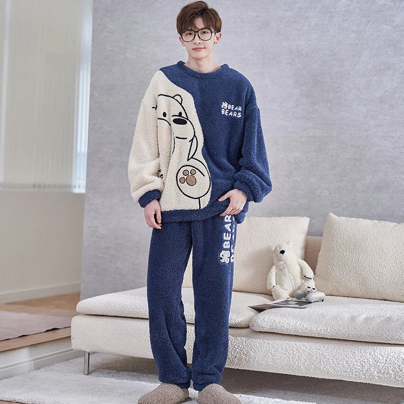 Winter Korean Men Pajamas Sets Adult Sleepwear Home Clothes Thicken Soft Pijama Suit Loungewear Loose Bear Male Pyjama Clothing