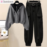 Winter New Plus Size Plush Thickened Single Breasted Hoodie Tunic Loose Workwear Elegant Women's Pants Set Fashion Outfit