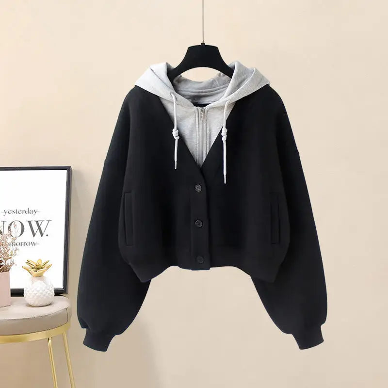 Winter New Plus Size Plush Thickened Single Breasted Hoodie Tunic Loose Workwear Elegant Women's Pants Set Fashion Outfit