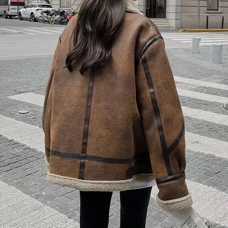 Winter Sheepskin Coat Faux Fur Suede Leather Women Warm Lamb Shearling Jacket Zipper Moto Biker Long Sleeve Short Casual Outwear