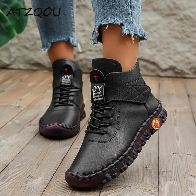 Winter Shoes Women Boots Leather Comfortable Soft Bottom Flat Sewing Sneakers Plush Warm Oxford Shoes Leisure Women Ankle Boots