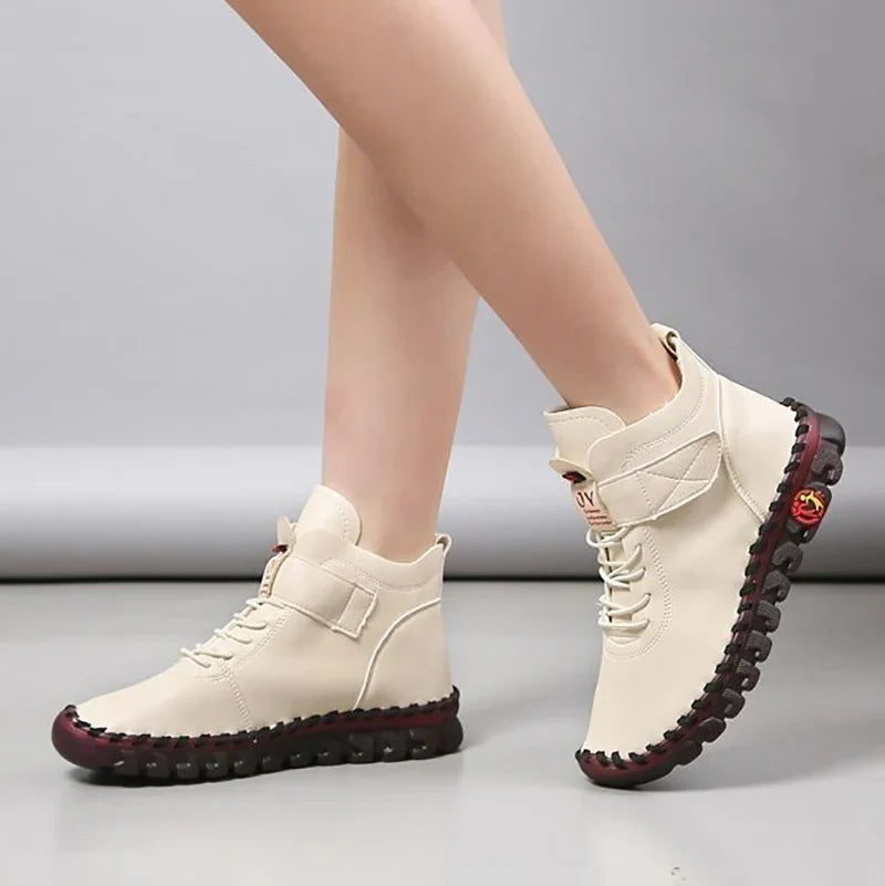 Winter Shoes Women Boots Leather Comfortable Soft Bottom Flat Sewing Sneakers Plush Warm Oxford Shoes Leisure Women Ankle Boots