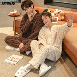 Winter Thick Teddy Thermal Velvet Pajamas Set for Couple Kawaii Kimono Style Lovers Sleepwear Man and Woman Cardigan Pijamas