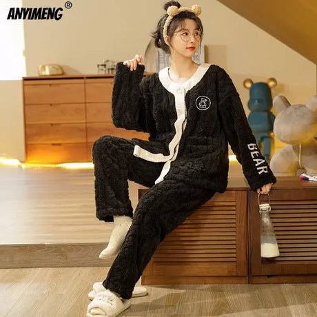 Winter Thick Teddy Thermal Velvet Pajamas Set for Couple Kawaii Kimono Style Lovers Sleepwear Man and Woman Cardigan Pijamas