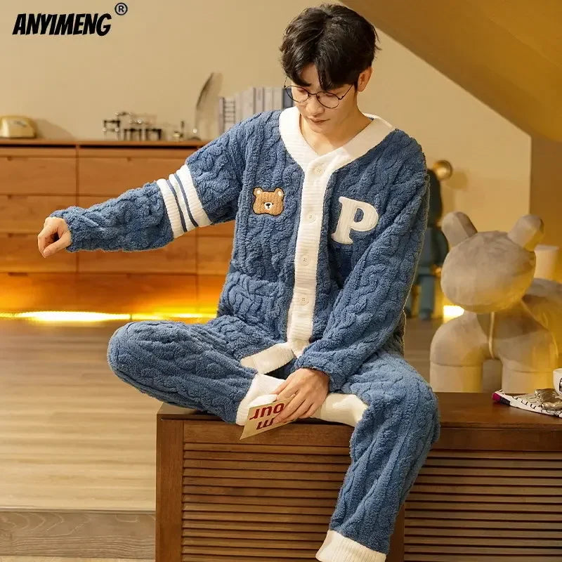 Winter Thick Teddy Thermal Velvet Pajamas Set for Couple Kawaii Kimono Style Lovers Sleepwear Man and Woman Cardigan Pijamas