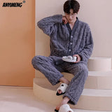 Winter Thick Teddy Thermal Velvet Pajamas Set for Couple Kawaii Kimono Style Lovers Sleepwear Man and Woman Cardigan Pijamas