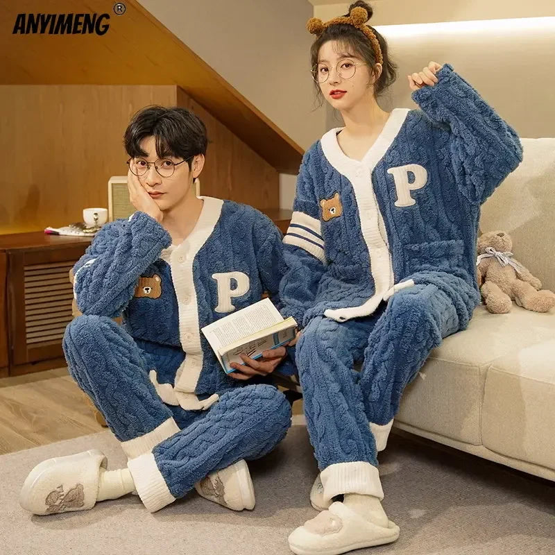 Winter Thick Teddy Thermal Velvet Pajamas Set for Couple Kawaii Kimono Style Lovers Sleepwear Man and Woman Cardigan Pijamas