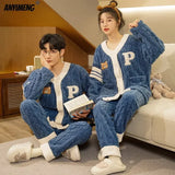 Winter Thick Teddy Thermal Velvet Pajamas Set for Couple Kawaii Kimono Style Lovers Sleepwear Man and Woman Cardigan Pijamas