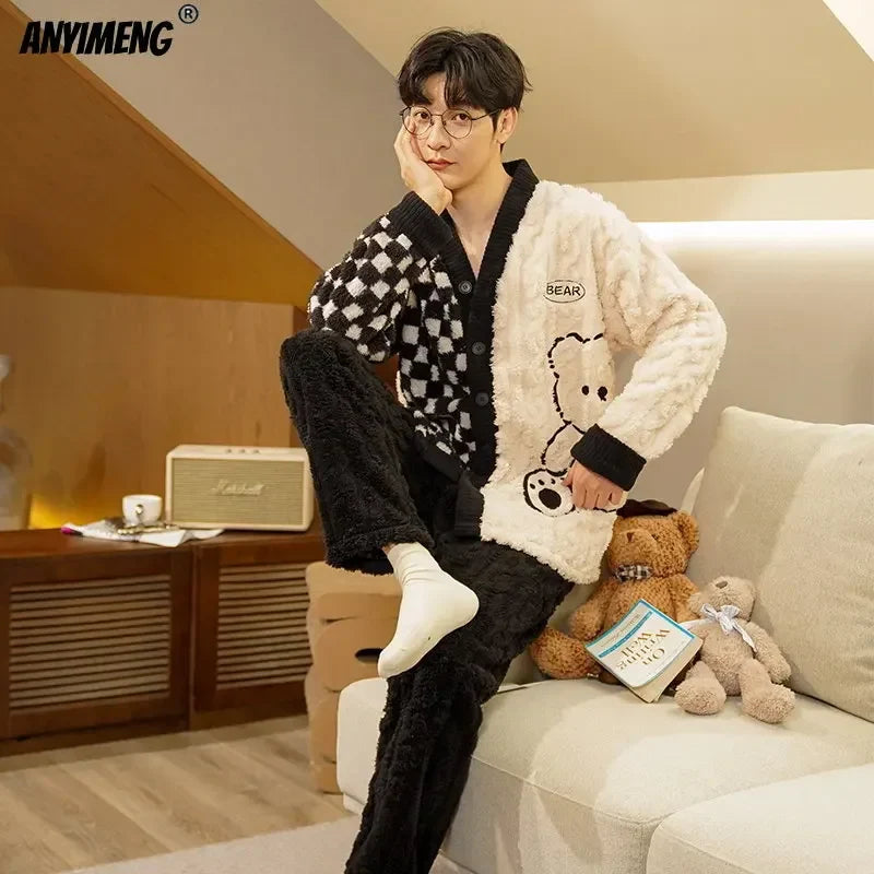 Winter Thick Teddy Thermal Velvet Pajamas Set for Couple Kawaii Kimono Style Lovers Sleepwear Man and Woman Cardigan Pijamas