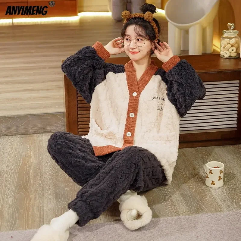 Winter Thick Teddy Thermal Velvet Pajamas Set for Couple Kawaii Kimono Style Lovers Sleepwear Man and Woman Cardigan Pijamas