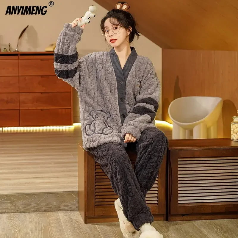 Winter Thick Teddy Thermal Velvet Pajamas Set for Couple Kawaii Kimono Style Lovers Sleepwear Man and Woman Cardigan Pijamas