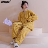 Winter Thick Teddy Thermal Velvet Pajamas Set for Couple Kawaii Kimono Style Lovers Sleepwear Man and Woman Cardigan Pijamas