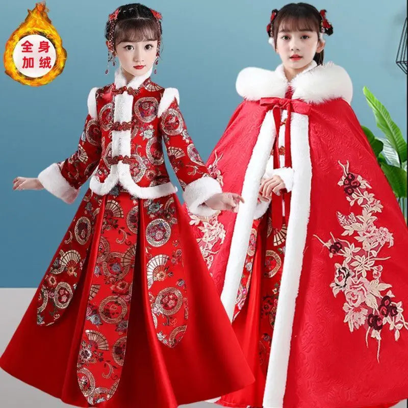 Winter Thicker Hanfu Kids Girls Chinese Ancient Fairy Carnival Cosplay Costume Princess Dance Dress Children Hanfu Cloak Girls