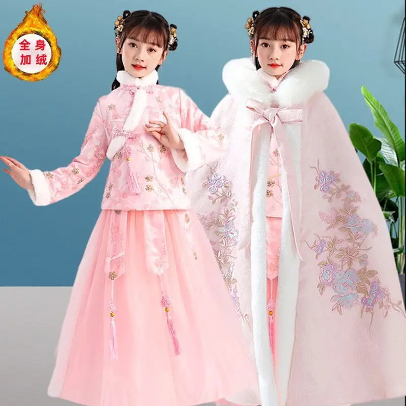 Winter Thicker Hanfu Kids Girls Chinese Ancient Fairy Carnival Cosplay Costume Princess Dance Dress Children Hanfu Cloak Girls