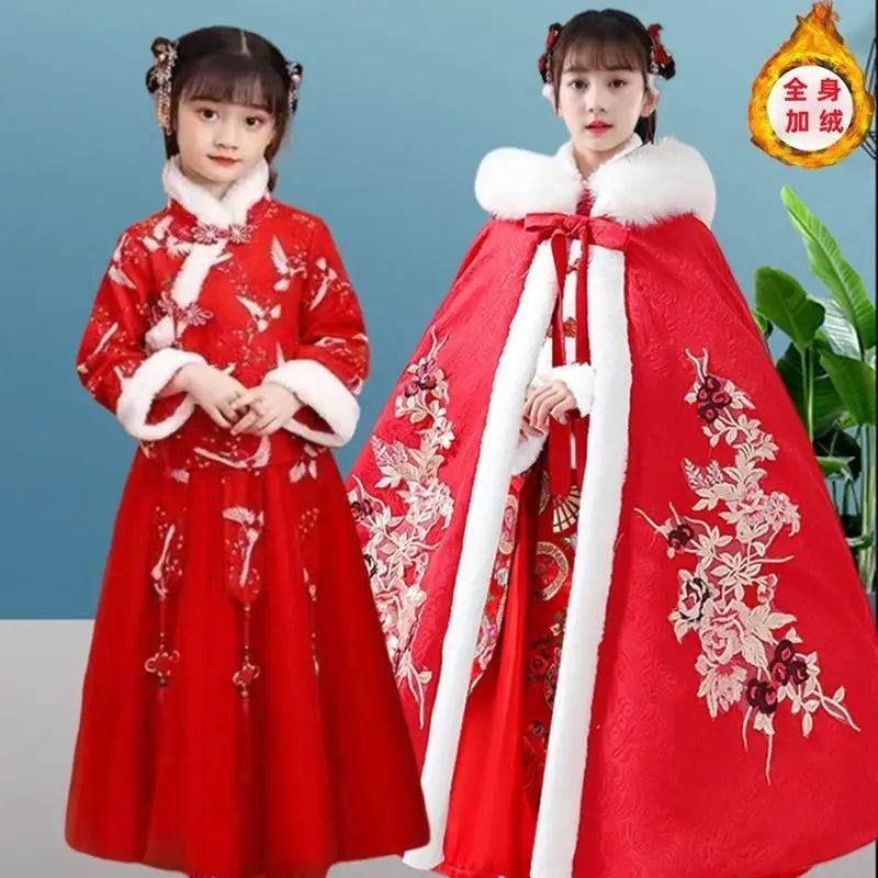 Winter Thicker Hanfu Kids Girls Chinese Ancient Fairy Carnival Cosplay Costume Princess Dance Dress Children Hanfu Cloak Girls