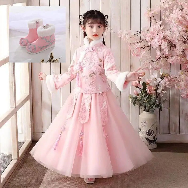 Winter Thicker Hanfu Kids Girls Chinese Ancient Fairy Carnival Cosplay Costume Princess Dance Dress Children Hanfu Cloak Girls