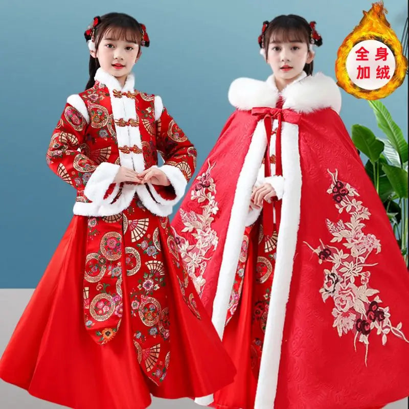 Winter Thicker Hanfu Kids Girls Chinese Ancient Fairy Carnival Cosplay Costume Princess Dance Dress Children Hanfu Cloak Girls