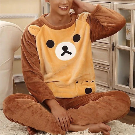 Winter Warm Flannel Pajama Set Men Long Sleeve Thick For Men Coral Velvet Cute Cartoon Sleepwear Suit Pyjamas Homewear New