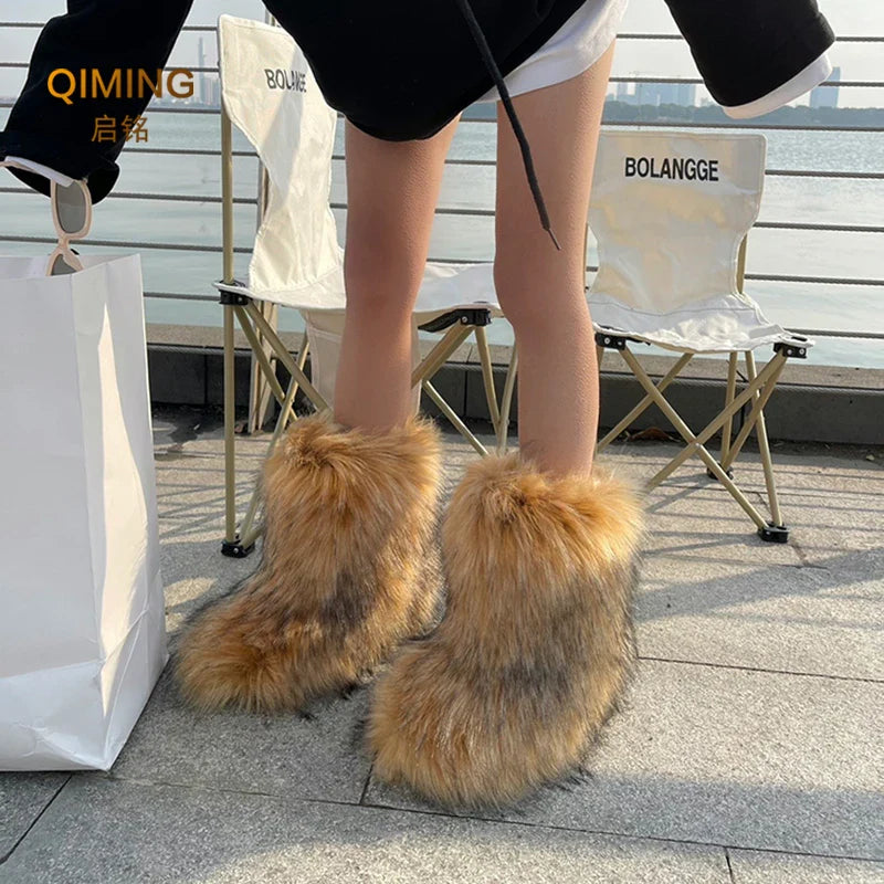 Winter Women Fluffy Faux Fox Fur Boots Woman Plush Warm Snow Boots Luxury Footwear Girls Furry Fur Bottes Fashion Winter Shoe