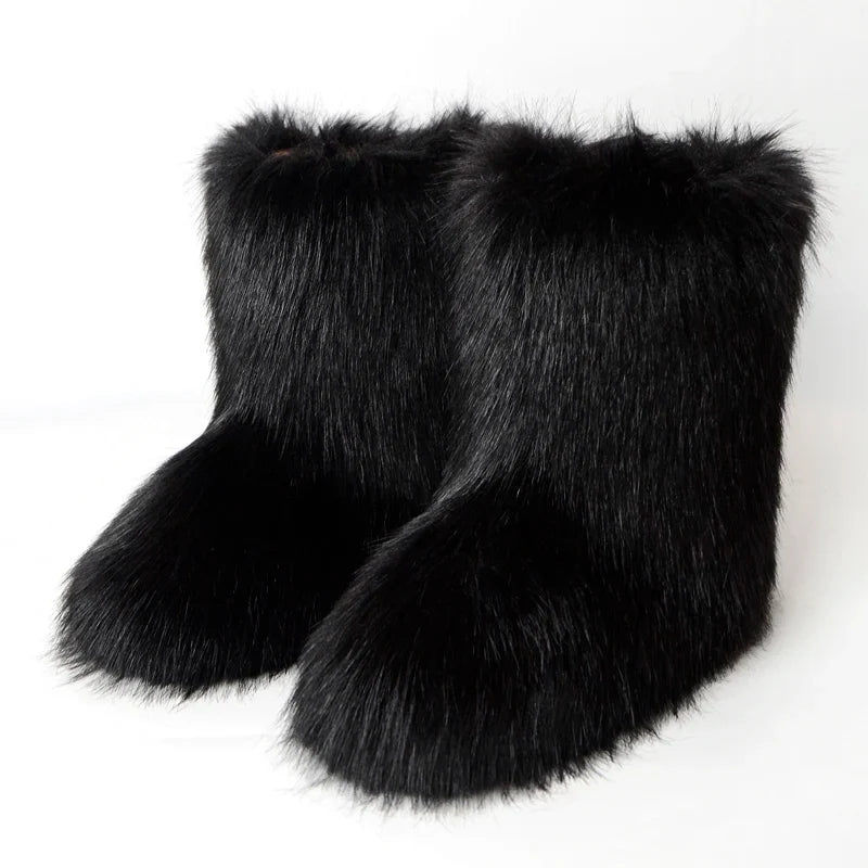 Winter Women Fluffy Faux Fox Fur Boots Woman Plush Warm Snow Boots Luxury Footwear Girls Furry Fur Bottes Fashion Winter Shoe