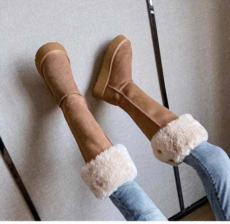 Winter Women's Keep Warm Short Plush Flat Suede Snow Boots New Platform Knee High Boots for Women Outdoor Casual Cotton Shoes