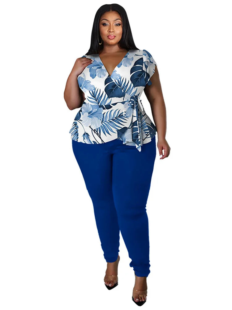 Wmstar Plus Size  Two Piece Outfits  Pants Sets Women Summer Clothes Printed Top Solid Leggings Matching Wholesale Dropshipping